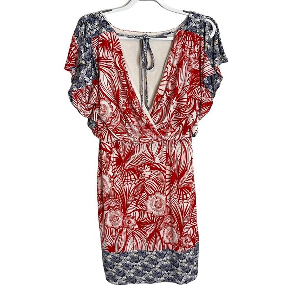 Maggy London Womens 4 Red Blue Floral Short Sleeve Sheath Dress - Picture 2 of 12